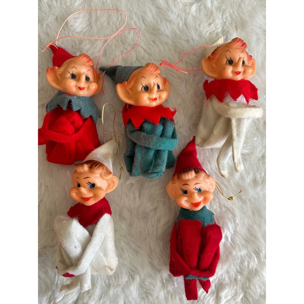 Vintage Japan Knee Hugger Elf Christmas Ornaments 5pc Pixie Elves 50s 60s